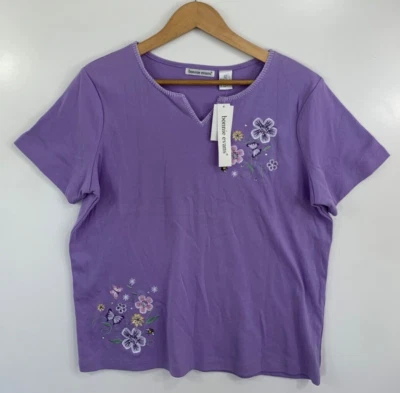 Blusa para mujer Bonnie Evans grande púrpura floral bordada manga corta nueva con etiquetas Foto 1 de 4