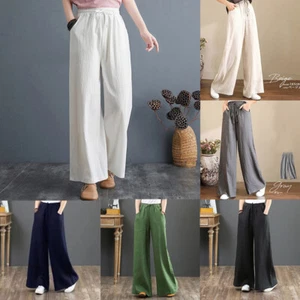 Women's Summer Solid Drawstring High Waist Wide Leg Loose Linen Palazzo Pants - Picture 1 of 26