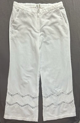 Anthropologie Elevenses Crochet Lace Inset Wide Leg Pants Sz 14 White *Tall READ - Image 1 of 4