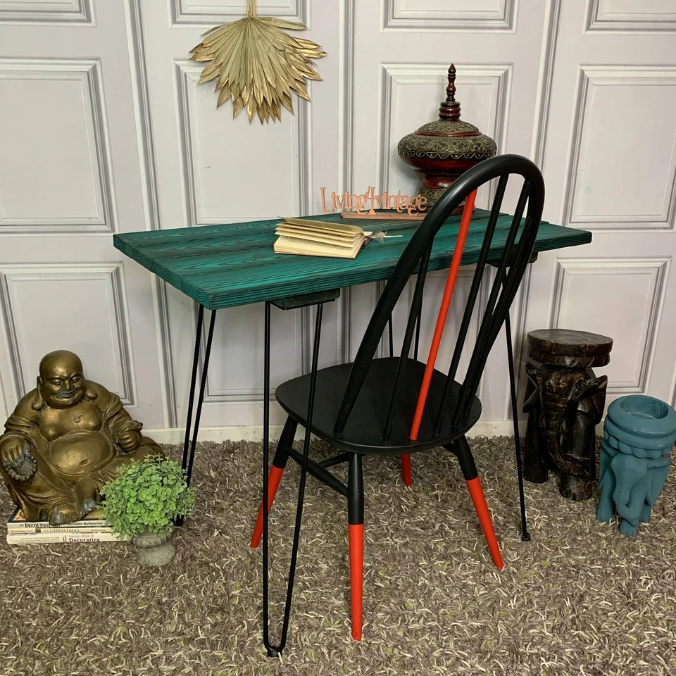 Industrial Style Console Table / Desk with Hairpin Legs Yakisugi Wood - Image 1 of 4