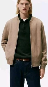 Men’s ZARA Bomber Jacket Beige Faux Suede Size XL X Large - Picture 1 of 6