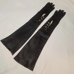Vintage Long Black Leather Opera Gloves with Button Closure, 21 inches - Picture 1 of 8