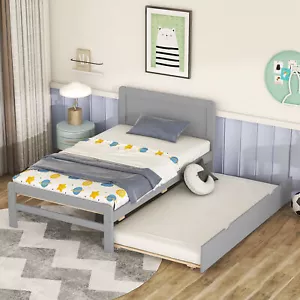 Modern Design Twin Size Platform Bed Frame with Trundle for Grey Color - Picture 1 of 11