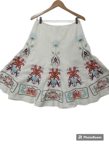 Sz 10 Waist 27" Allison Taylor ALL OVER EMBROIDERED Boho Skirt White Flared - Picture 1 of 14