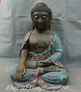 25.9" Old Tibet Pure Bronze Cloisonne Enamel Shakyamuni Sakyamuni Buddha Statue - Picture 1 of 12