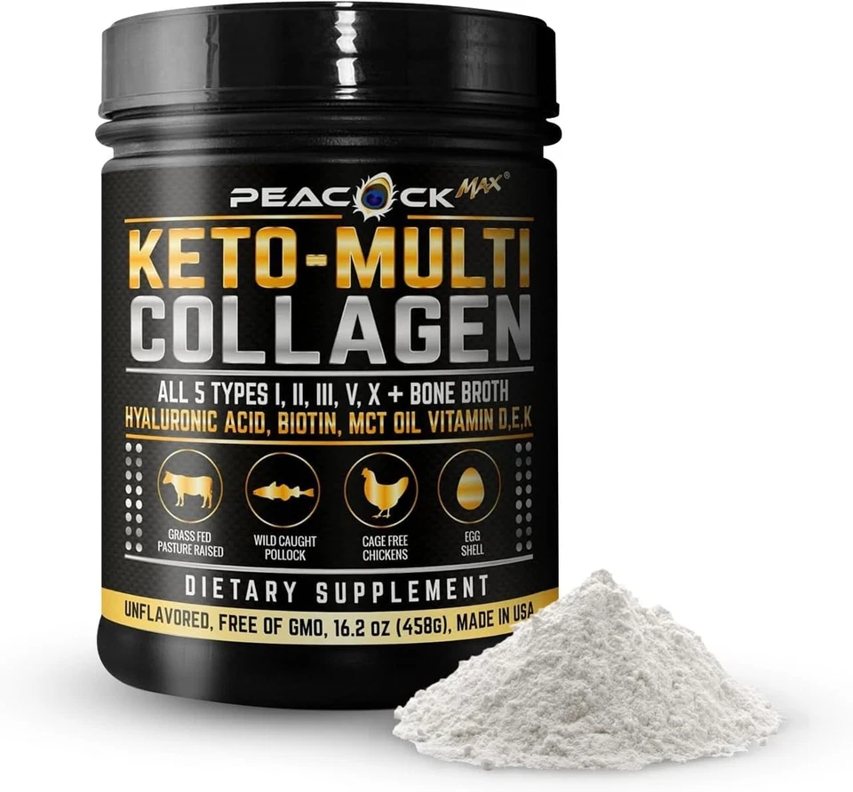 Peacock Max Keto Multi Collagen Unflavored Peptides Powder Type I II III V X