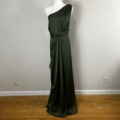 Vestido Cortina Un Hombro Satinado Susurro Colección Dessy Talla 22 W Verde Oliva Nuevo con Etiquetas Foto 1 de 4