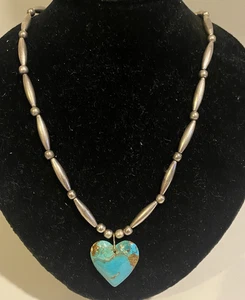 Native Navajo Pearl Sterling Melon Bead Heart Shape Turquoise 19" Necklace-VTG - Picture 1 of 9