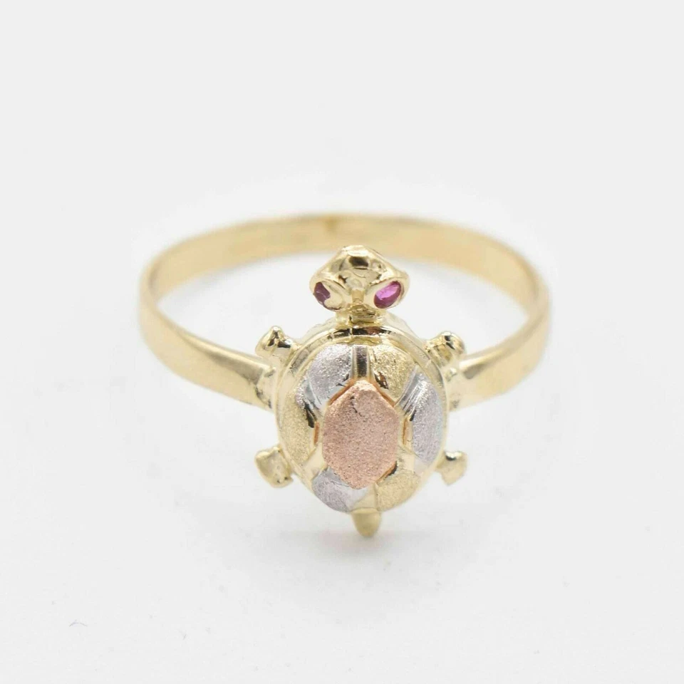 Satin Finish Textured Turtle with Ruby Eyes Ring Real Solid 10K Tri-Color Gold - Image 1 of 4