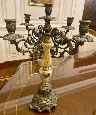 Antique candlestick candle light table lamp marble brass Art Nouveau Baroque - Image 1 of 4