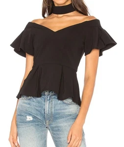 Parker Marcel Schulterfreies Halsband Schößchen Top Schwarz Small S Rüschen Krepp - Bild 1 von 10