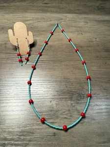 "Juego de pendientes de collar de cuentas hechas a mano de 20"" cuentas rojas redondas y turquesas con semillas nuevas" - Imagen 1 de 3