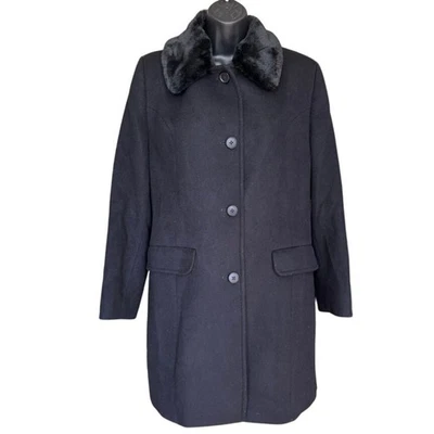Vtg Larry Levine Wool Pea Coat Sz 6 Black Faux Fur Collar Old Money City Classic - Image 1 of 4