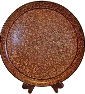 Vintage Burmese Wood Plate Tray Red Floral Motif Hand Painted 10" - Picture 1 of 6