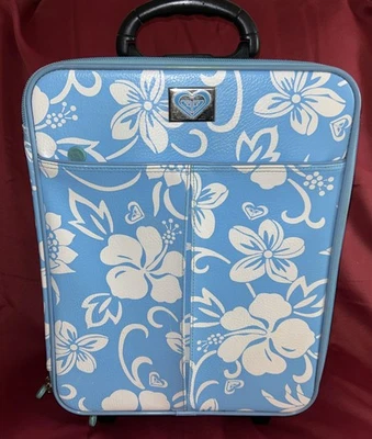 复古 Roxy Y2K 夏威夷花卉印花蓝色和白色行李箱行李箱车轮 — 第 1/4 张图片