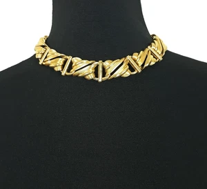 Vintage Monet Bar Link Collar Necklae Chunky Open Work Ribbed Gold Tone Signed - Picture 1 of 7