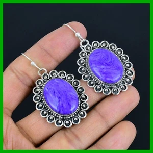 Oval Natural Charoite Dangle Drop Unique Earrings Jewelry 925 Sterling Silver - Picture 1 of 6