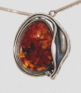 LINEA AMBRA STERLINGSILBER HALSKETTE MIT BERNSTEIN STEIN ANHÄNGER - Bild 1 von 8