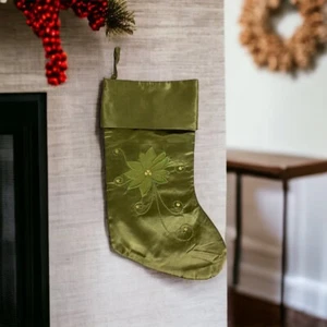 Christmas Stocking Green Holiday Poinsettia 16" Sequin Embroidery Shiny Fabric - Picture 1 of 7