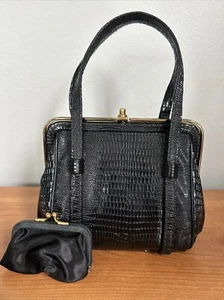 Mini Vintage Black Crocodile Skin Purse Gold Hardware Mini Coin Purse Snap Close - Picture 1 of 13