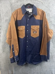 Rasco FR Work Shirt Mens 4XL Long Khaki Blue Two Tone Twill Denim Pearl Snap - Picture 1 of 14