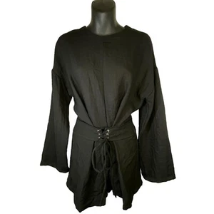 PFEIFFER Linen Black Short Jumpsuit Romper Long Sleeve Adjustable Lace Up Waist - Picture 1 of 10