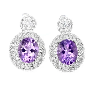 925 Sterling Silver Earrings Oval Amethyst 11x9mm White Topaz Gemstone Jewelry - Picture 1 of 10