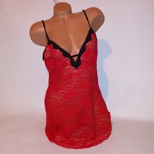 Lingerie Slip Chemise Large 12 14 Solid Red Black Allover Lace - Picture 1 of 7