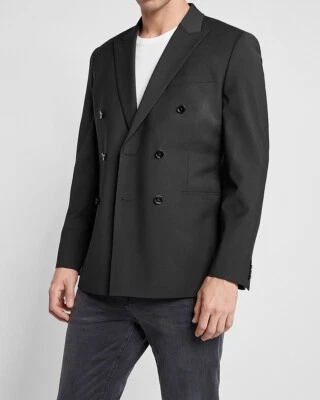EXPRESS SLIM BLACK WOOL BLEND MODERN TECH DOUBLE BREASTED BLAZER JACKET 40L 40 - Image 1 of 4