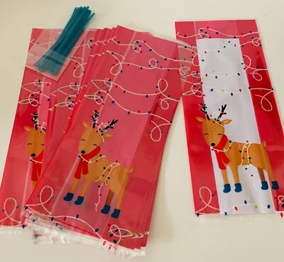 Paquete de 20 BOLSOS DE REGALO DULCE DE CELOFÁN DE NAVIDAD Rudolph y CORBATAS festivas Foto 1 de 4