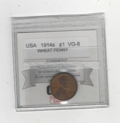 1914S  Wheat Penny,  USA, Small One Cent.   - Image 1 of 2