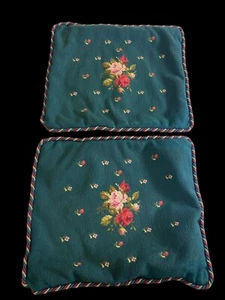Vintage Needlepoint Pillow Covers Shams Green Floral GORGEOUS Plaid Back 17x20" - Picture 1 of 10
