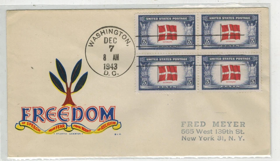 1943 WW2 Patriotic FDC OVERRUN COUNTRIES 920 DENMARK BLOCK OF 4 FREDDOM OF SPEEC - Image 1 of 1