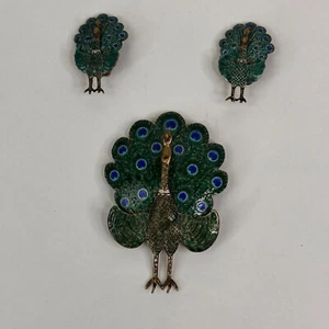 Juego de broches y pendientes vintage de pavo real esmalte Siam esterlina articulado - Imagen 1 de 10