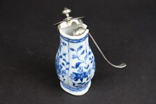Nice blue and white chinese porcelain mustard pot with silver lid and spoon