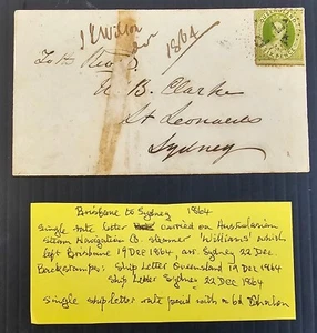 1864 Queensland Ship Letter Cover ties 6p stamp cd Brisbane-Sydney - Picture 1 of 3