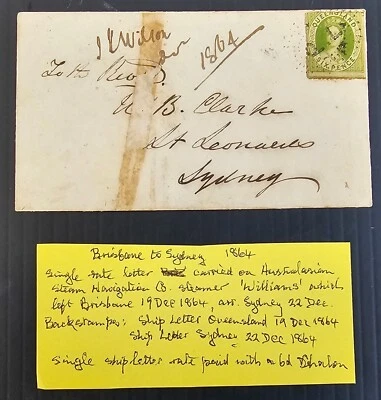 1864 Queensland Ship Carta Cubierta lazos 6p sello cd Brisbane-Sydney Foto 1 de 3