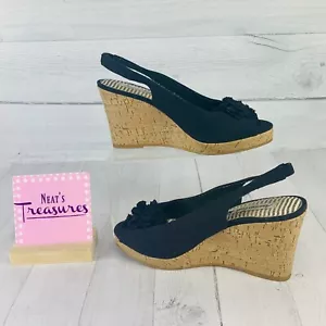 AMERICAN EAGLE Woman Black Canvas Flower Cork Wedge Heel Peep Toe Shoe Sz 8 W - Picture 1 of 9