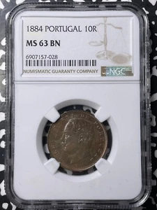 1884 Portugal 10 Reis NGC MS63BN Lot#G8980 Choice UNC! - Picture 1 of 3