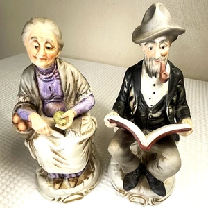 VTG Figurine Old Man & Woman Sitting On Bench Smoking Pipe Reading Book Living - Picture 1 of 19