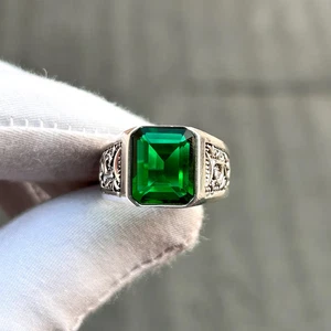 Men’s Emerald Ring 925 Sterling Silver Textured Band Stylish Statement Jewelry - Picture 1 of 7