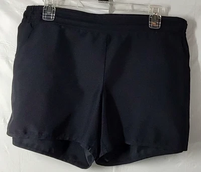 Tek Gear Mid Rise Shorts L Black Gray Striped On Elastic Back Running Workout - Image 1 of 4