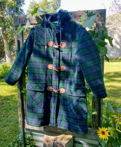 Classic Vintage LL BEAN Blackwatch Plaid Duffle Coat Blue Green Wool Hooded Med. - Picture 1 of 15