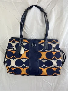 COACH Tote Carryall Signature Stripe Linear F23902 Orange Navy Blue - Picture 1 of 14