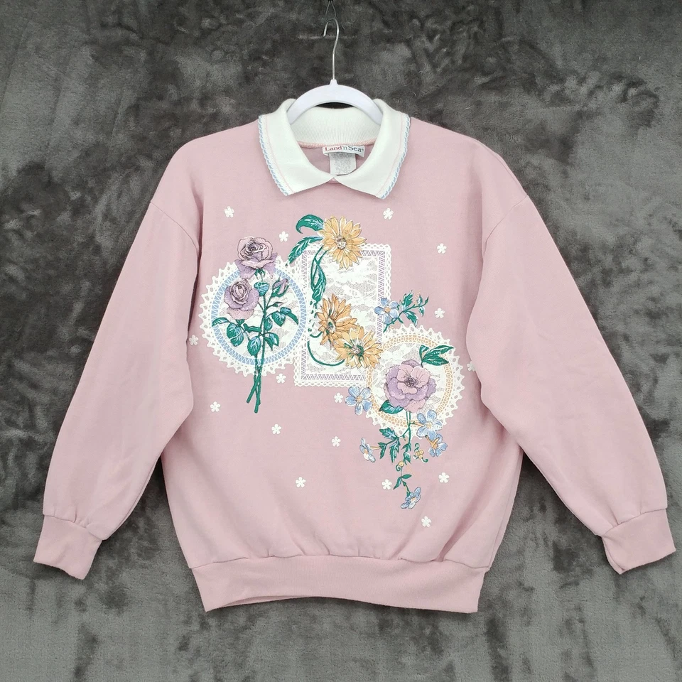 Land 'N Sea Sweatshirt Granny Collared Floral Pink Acrylic USA Made Small Vtg - Image 1 of 4