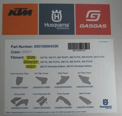 KIT PIEZAS PLÁSTICO ORIGINAL HUSQVARNA 00010000433K PARA FC 250/350/450 TC 125++ Foto 1 de 2