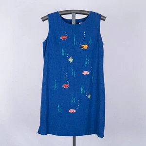 Ultra Kleid New York Leinenmischung Ozean Fisch Motiv bestickt Kleid blau Gr. 12 - Bild 1 von 9