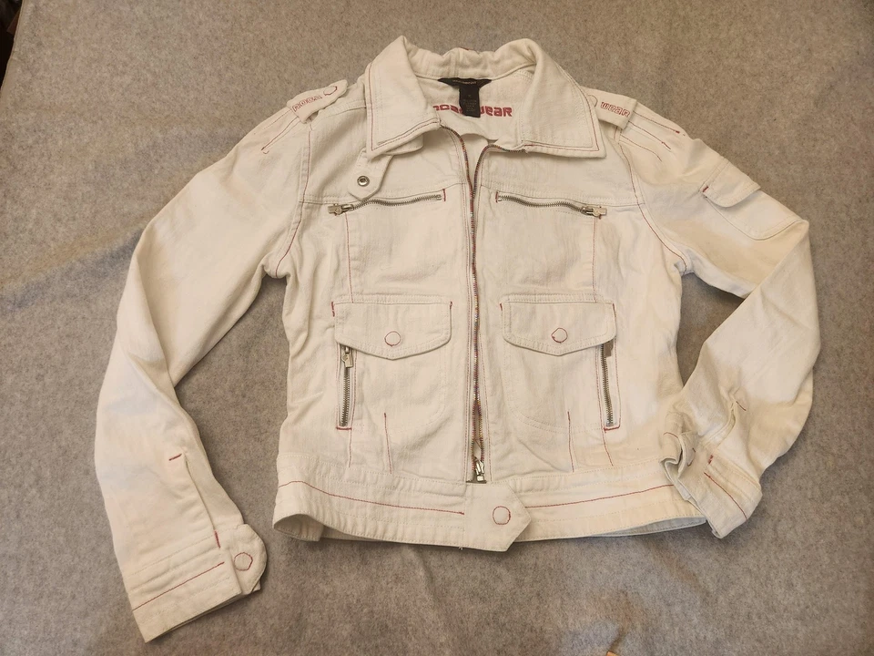 Rocawear Jacket Y2k Womens XL White Denim Moto Red Stitch Pockets Spandex - Image 1 of 4