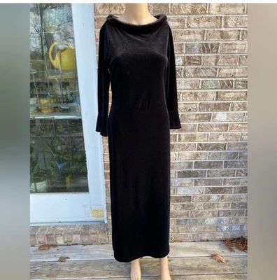 Vintage 80s Black Velvet Dress Faux Fur Collar Bell Sleeves Size S Kathie Lee - Image 1 of 4