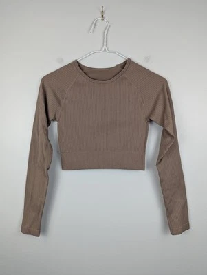 Женский укороченный тренировки длинным рукавом Топ размер маленький бесшовный ребристый эластичной коричневый - Изображение 1 из 4